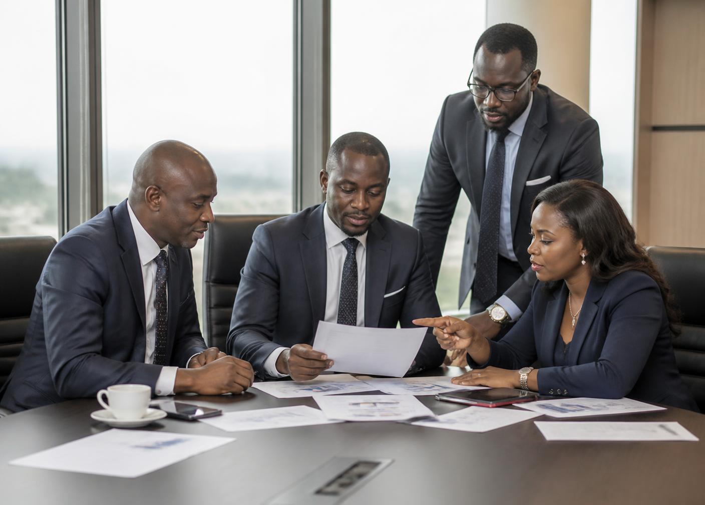 Nigerian business executives reviewing supply documents in an Abuja boardroom