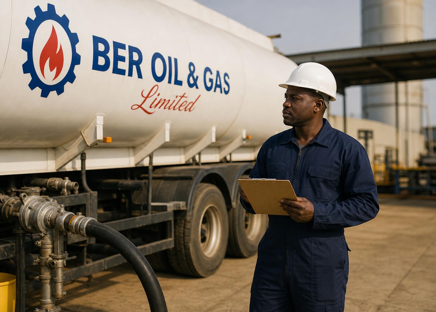 Fuel operations officer beside a BER Oil & Gas diesel tanker discharge line