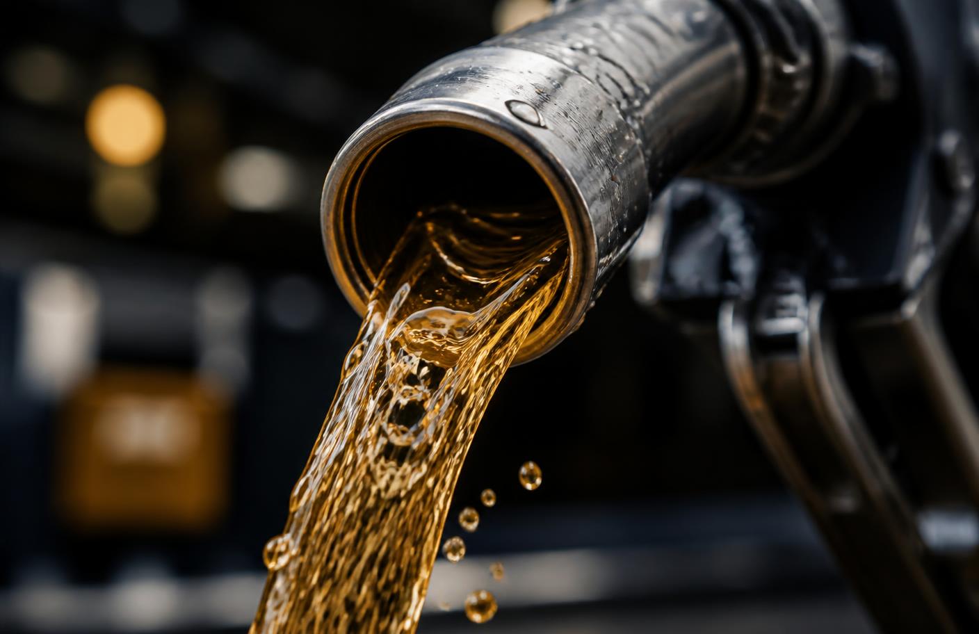 Close-up of clean diesel fuel flowing from a dispensing nozzle